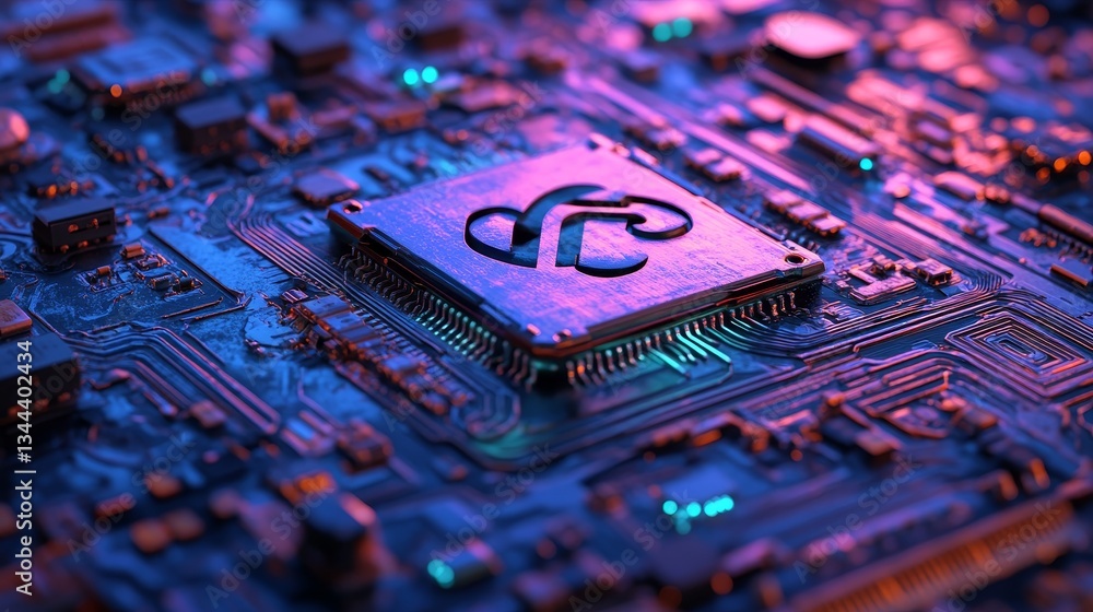 Poster the concept of eco technology is illustrated on a microchip with a recycle symbol, set against a bac
