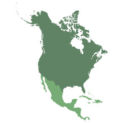 North and Central America map. Map of Central and North America continent map in green color