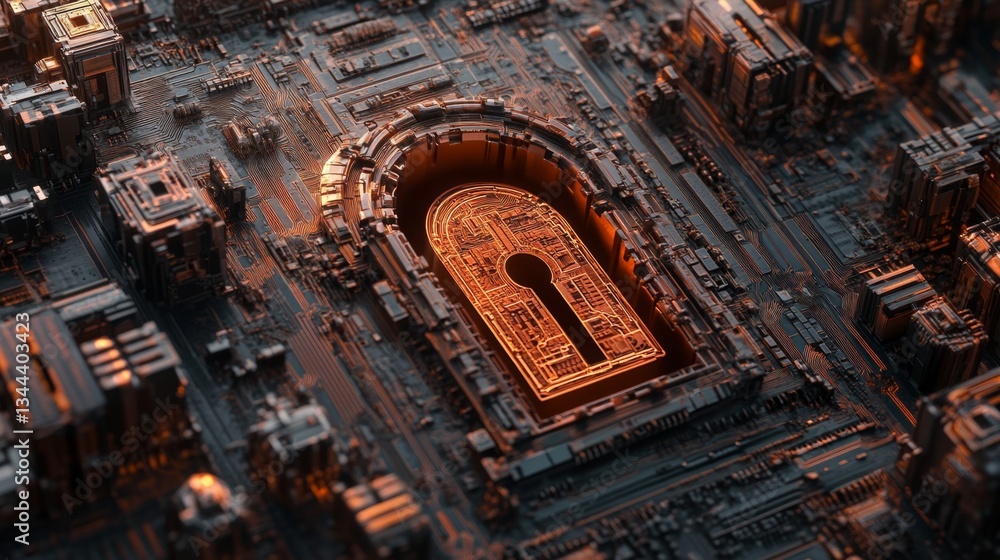 Poster digital lock design futuristic cityscape 3d render tech environment aerial view cybersecurity concep