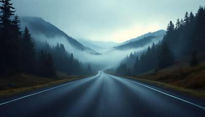 Serene Mountain Road Landscape with Mystical Fog and Evergreen Forests, Scenic Drive