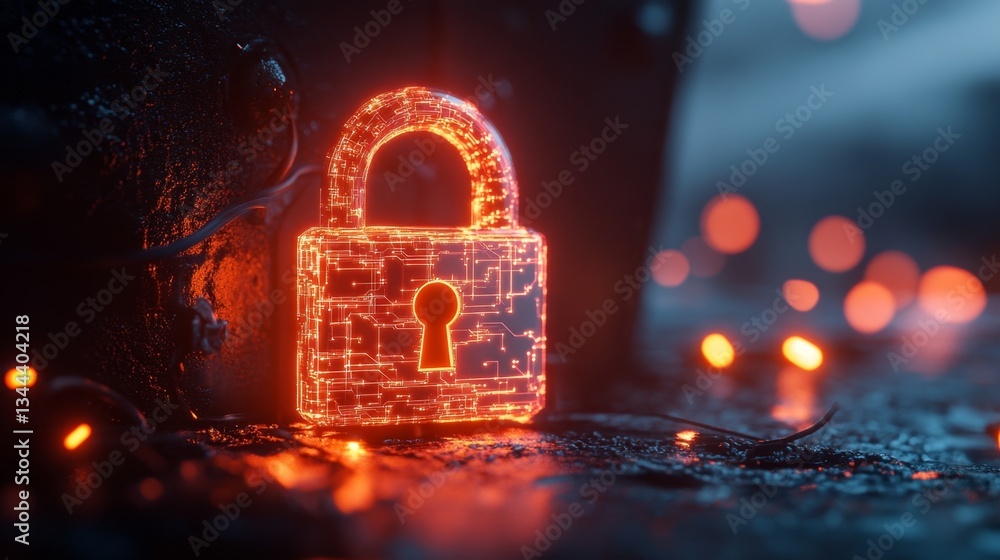 Poster digital security event virtual lock symbol cyber world 3d visualization dark mood close-up protectio