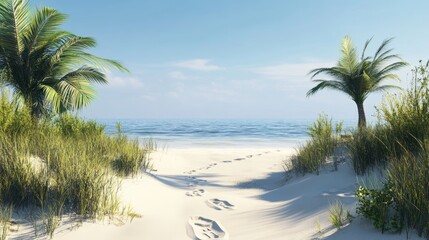 Footprints on serene beach coastal paradise nature scene tranquil environment wide angle escape to paradise