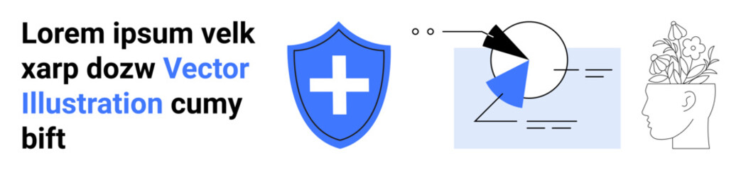 Text with geometric shapes, shield featuring cross symbol, and head outline containing a blooming plant. Ideal for healthcare, growth, education, mind, design, protection simple landing page