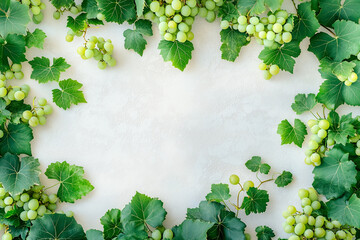 Bunches of ripe red and yellow grapes with green leaves on a textured background