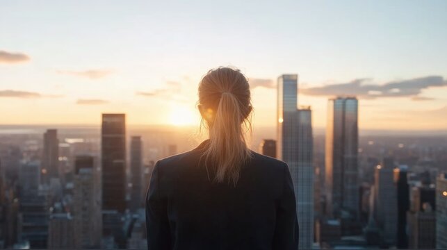 young woman stands at edge of bustling cityscape gazing towards horizon with determination and hope as sun sets behind