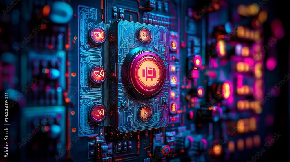 Poster a 3d render of activate technology concept features a power symbol on a microchip, with white neon d