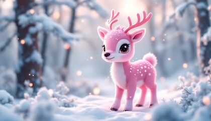 Adorable Pink Reindeer in Snowy Winter Forest