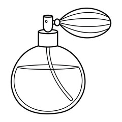 Vintage perfume bottle illustration. Hand-drawn doodle vector of retro fragrance atomizer. Black line art isolated on white background.