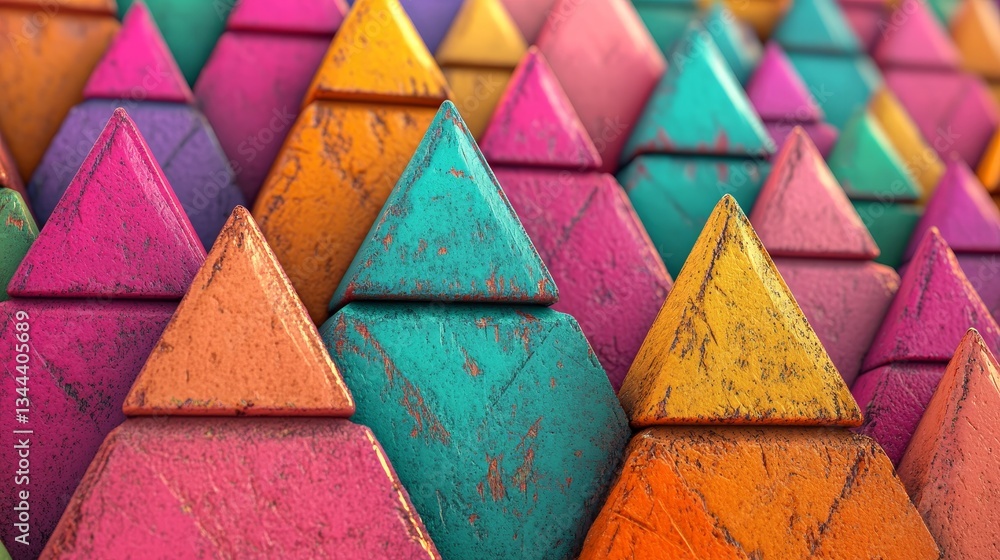Poster the surface features a bright high-tech design with triangular pyramids, complemented by a multicolo