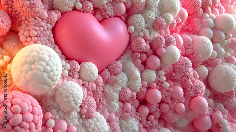 Poster the image features a heart formed by an assortment of balloons in various colors and patterns, such 