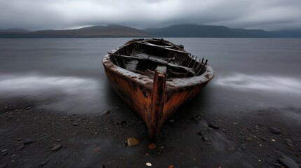 Derelict vessel on a pebbled shore