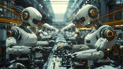 Fototapeta premium Industrial Automation: Advanced AI Robotics in Modern Manufacturing and Production Line Innovation