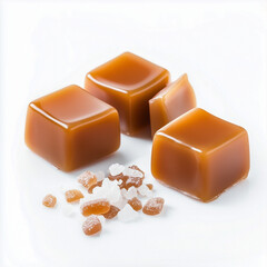 Delicious caramel candies with sea salt isolated on a white background