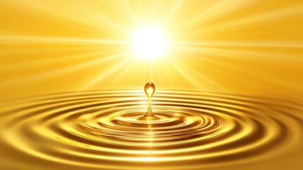 Golden drop falling, rippling sunlit surface