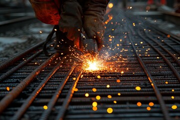 Welding Sparks Fly As Worker Joins Metal Reinforcing Structure