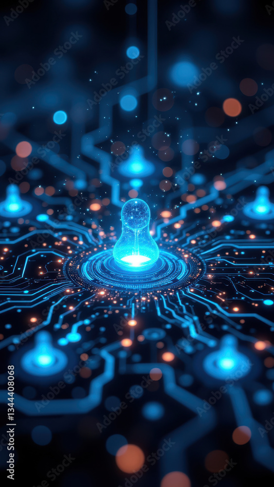 Aufkleber image features a futuristic digital interface with circuit boards, lights, and a central symbol repr
