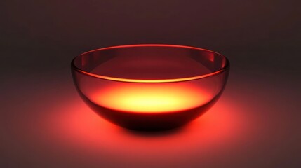 Glowing glass bowl, red light, dark studio, empty, website
