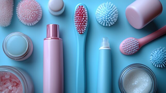 Colorful beauty products arranged on a blue background, showcasing skincare tools and accessories