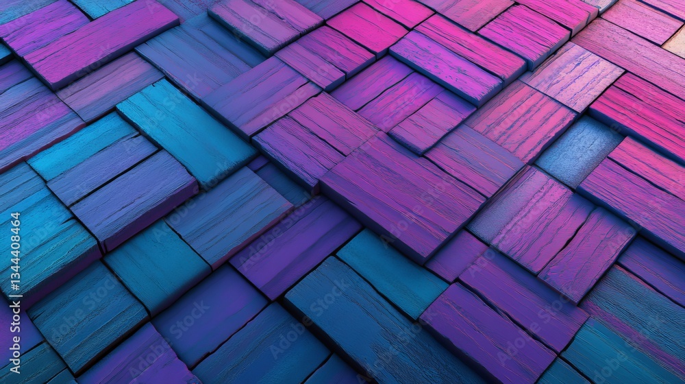 Poster the arrangement of turquoise and purple 3d blocks results in a tech abstract background, created thr