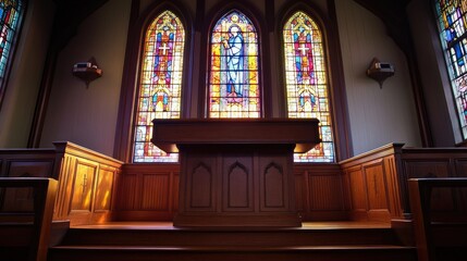 Elegant Church Pulpit Surrounded by Colorful Stained Glass Bringing Light to the Dais