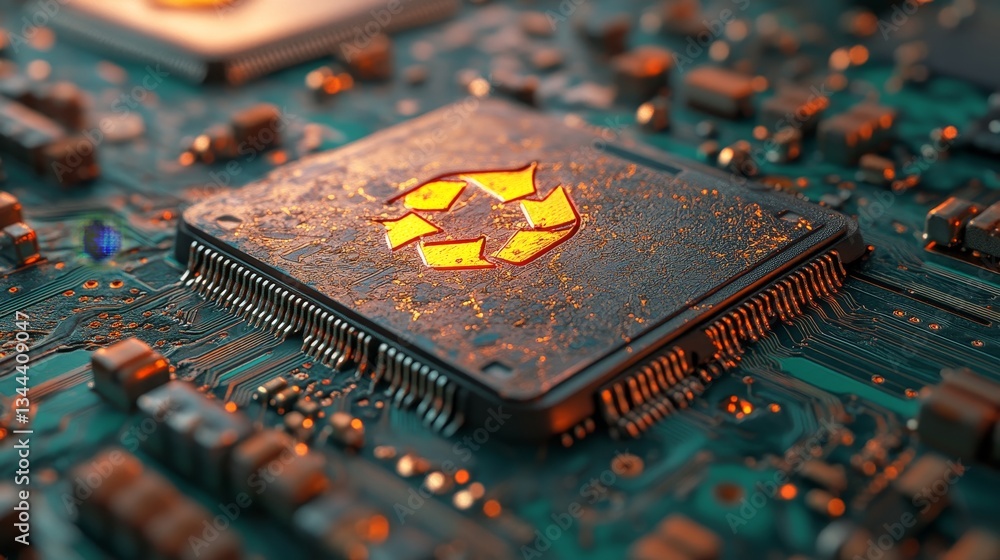 Poster the concept of eco technology is visually represented on a microchip with a recycle symbol, set agai