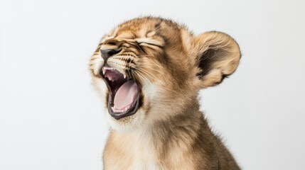 Obraz premium Playful lion cub yawning wildlife photography studio setting close-up perspective fun and cuteness