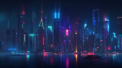 Futuristic cityscape at night, illuminated by vibrant neon lights reflecting on water. Skyscrapers and modern architecture dominate the skyline