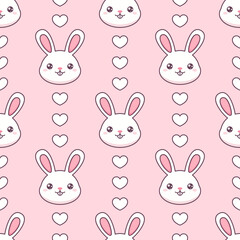 White kawaii rabbit's heads and hearts on pink background. Vector seamless pattern. 