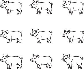 Pig line icons black and white