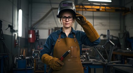 Skilled Female Welder in a Workshop with a Protective Helmet (Industry)