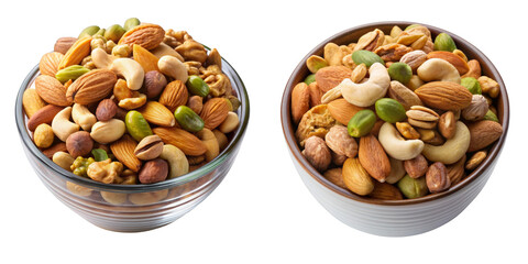 Two Bowls of Mixed Nuts, Top View, Isolated on Transparent Background, Almonds, Cashews, Pistachios, Nuts, Mix, Food