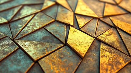 A gold 3D polygon wall serves as a modern interior design background