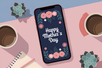 Obraz premium Mother's Day Celebration. Smartphone with Floral Greeting on Elegant Desk Setup