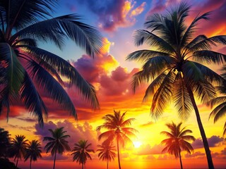 Fototapeta na wymiar Sunset Palm Trees: Tropical Paradise Illustration - Vibrant Digital Art