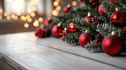 Festive Christmas Decorations with Red Ornaments and Pine Cones on Table