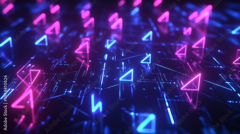 Poster dynamic neon triangle patterns virtual environment digital art futuristic landscape aerial view abst
