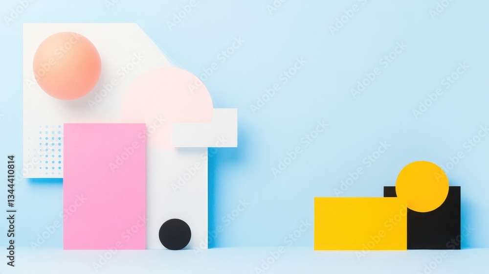 Poster abstract blend of vivid colors and geometric shapes set against minimalist background with ample cop