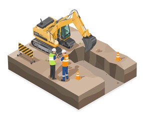 Isometric Illustration of an Excavation Site with Engineers Supervising a Construction Project for Underground Pipeline Installation