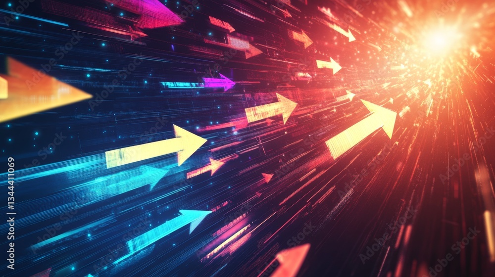 Poster dynamic colorful arrows representing speed and direction digital abstract art vibrant environment mo