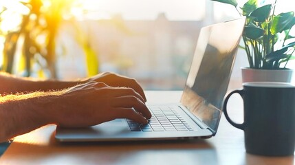 Workplace productivity in a bright, natural setting with a laptop and fresh plants