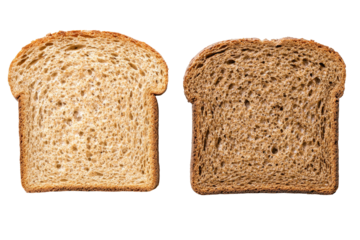 Two slices of bread, one white, one whole wheat.  Close-up view of the inside texture