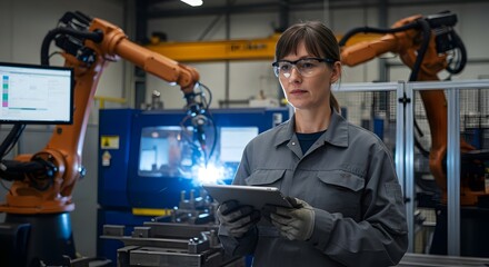 Fototapeta premium Automated Welding Technician in a High-Tech Manufacturing Facility (Industry)