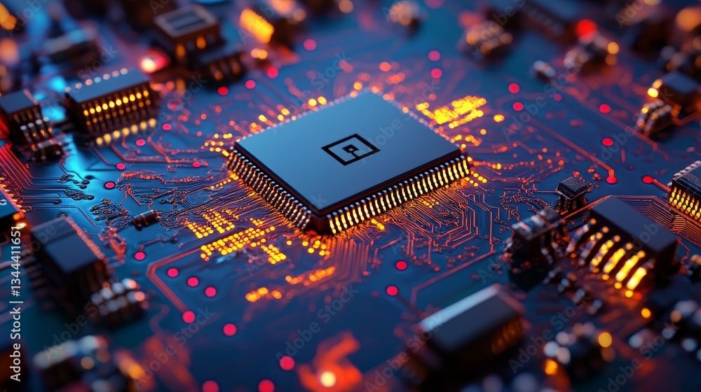 Poster the concept of image technology is represented by a picture symbol on a microchip, as data moves fro