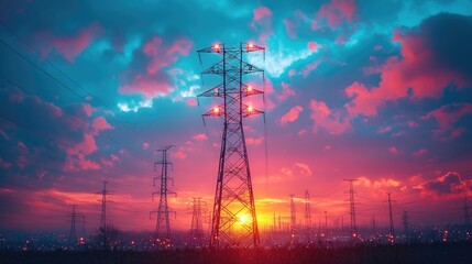 Fototapeta premium Vibrant sunset behind power lines silhouetted against a colorful sky