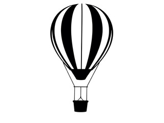 Obraz premium A classic black and white hot air balloon gracefully ascends, promising a whimsical adventure against a stark white background.
