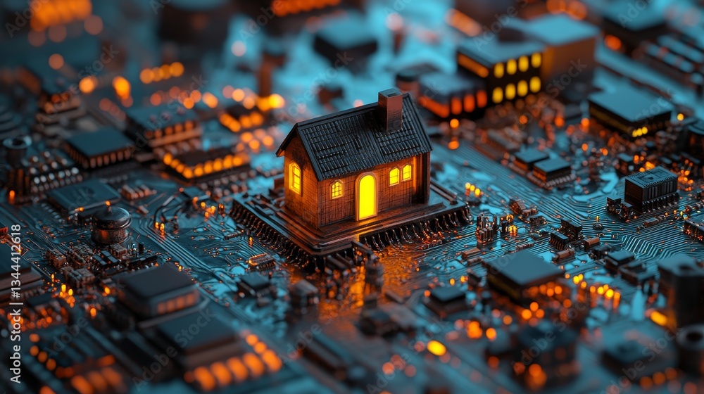 Poster the concept of internet technology is symbolized by a home icon on a microchip, where data flows fro
