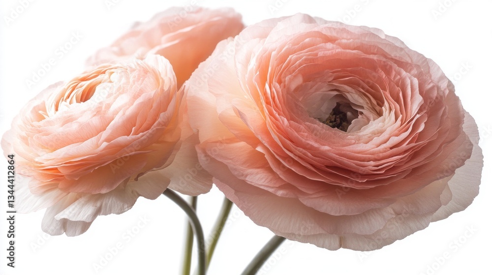 Poster three soft peach ranunculus flowers create a calming focal point, their layered petals showcasing in