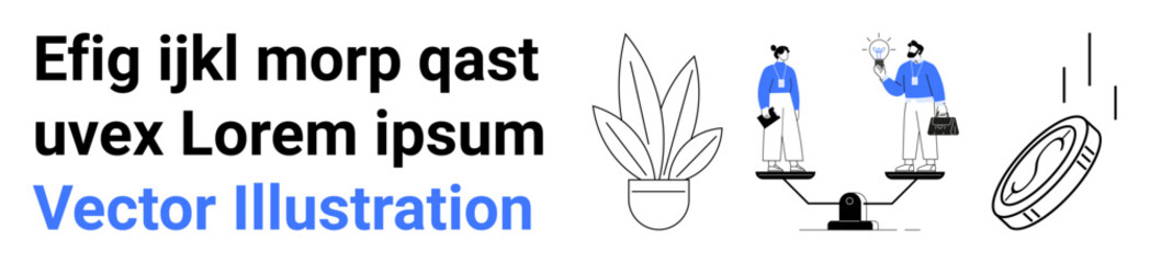 Businesspeople on scale emphasizing balance, growth symbolized by a plant, and a falling coin for financial focus. Ideal for business, finance, work-life balance, teamwork, career, growth flat