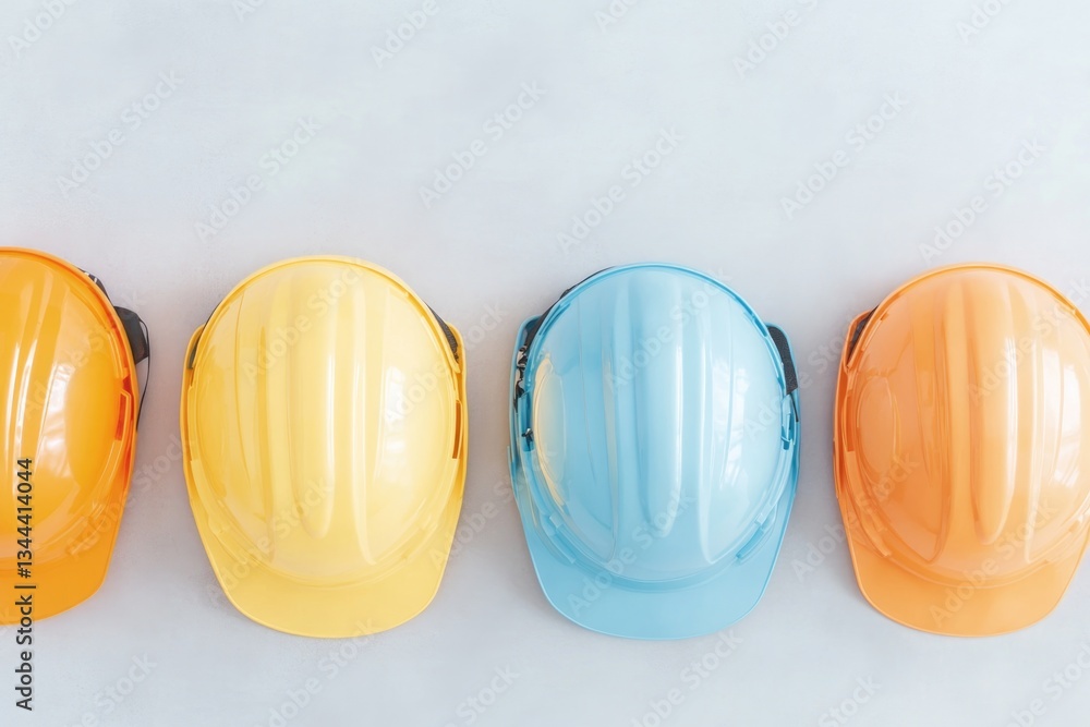 Poster array of safety helmets lined up neatly on plain surface embodying workplace safety and diligence