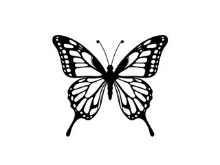 Elegant black butterfly silhouette, a symbol of transformation and grace, poised in perfect stillness against a stark white background.